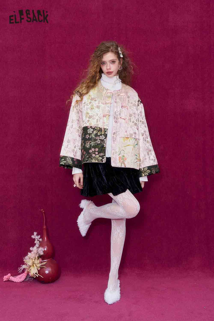 ELFSACK New Oriental Style Satin Jacquard Frog Buttons Short Jacket
