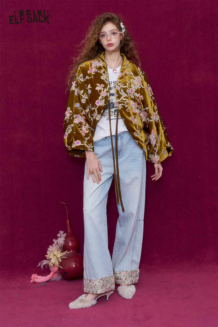 ELFSACK New Oriental Style V Neck Velvet Goldfish Embroidery Padded Jacket