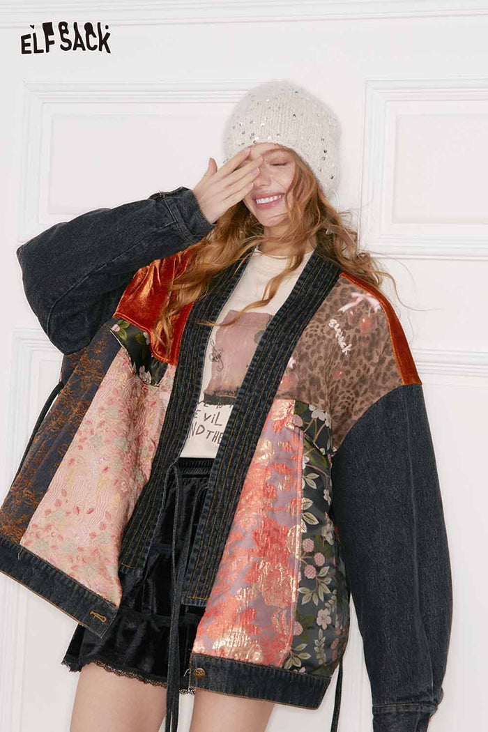 ELFSACK New Oriental Vintage Patchwork Pattern Design Suede Coat