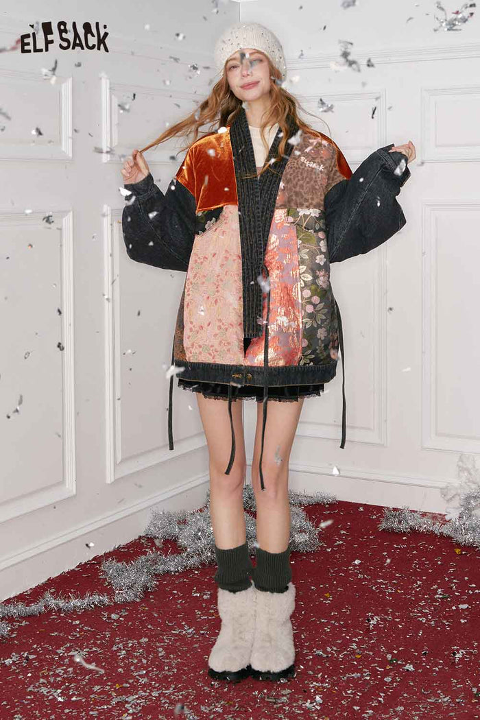 ELFSACK New Oriental Vintage Patchwork Pattern Design Suede Coat