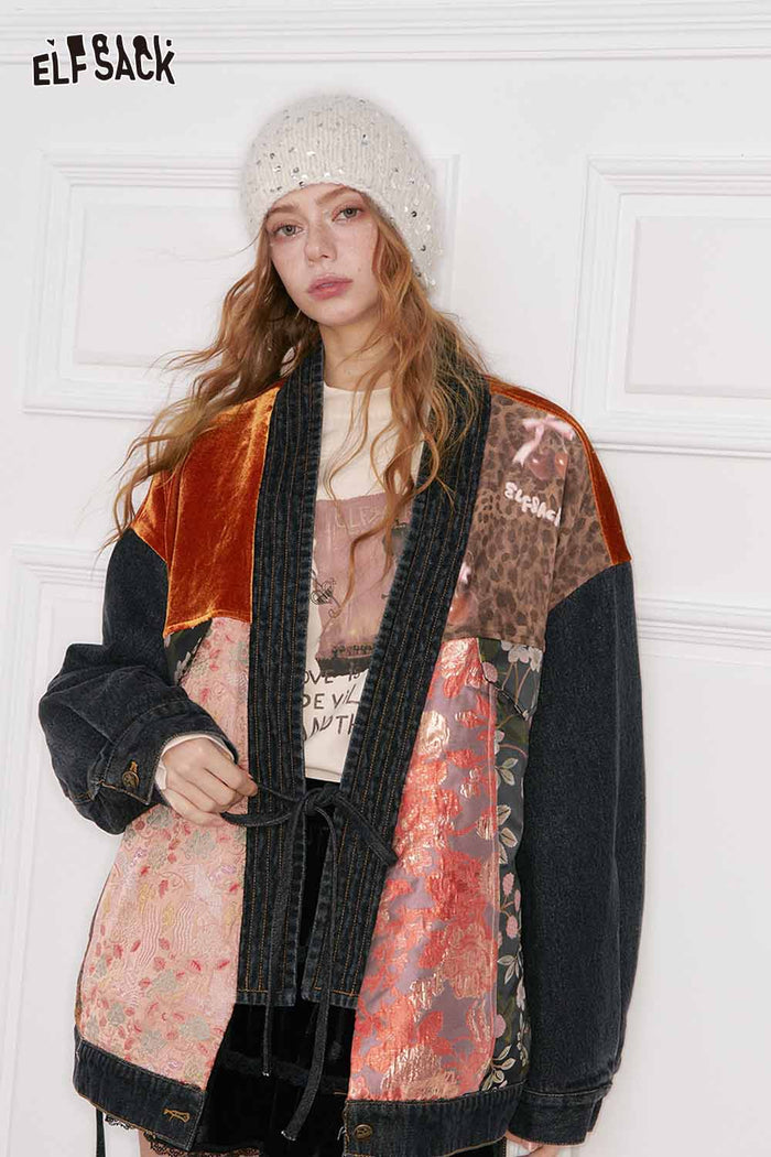 ELFSACK New Oriental Vintage Patchwork Pattern Design Suede Coat