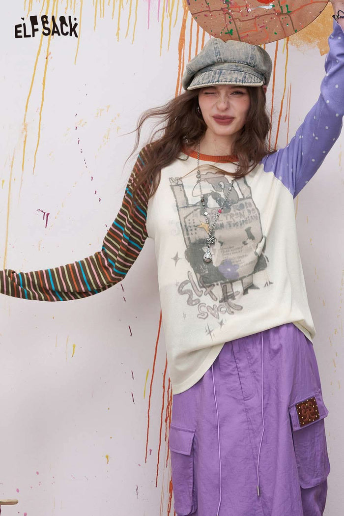 ELFSACK Novelty Print Knit Sweater with Asymmetrical Striped Sleeves