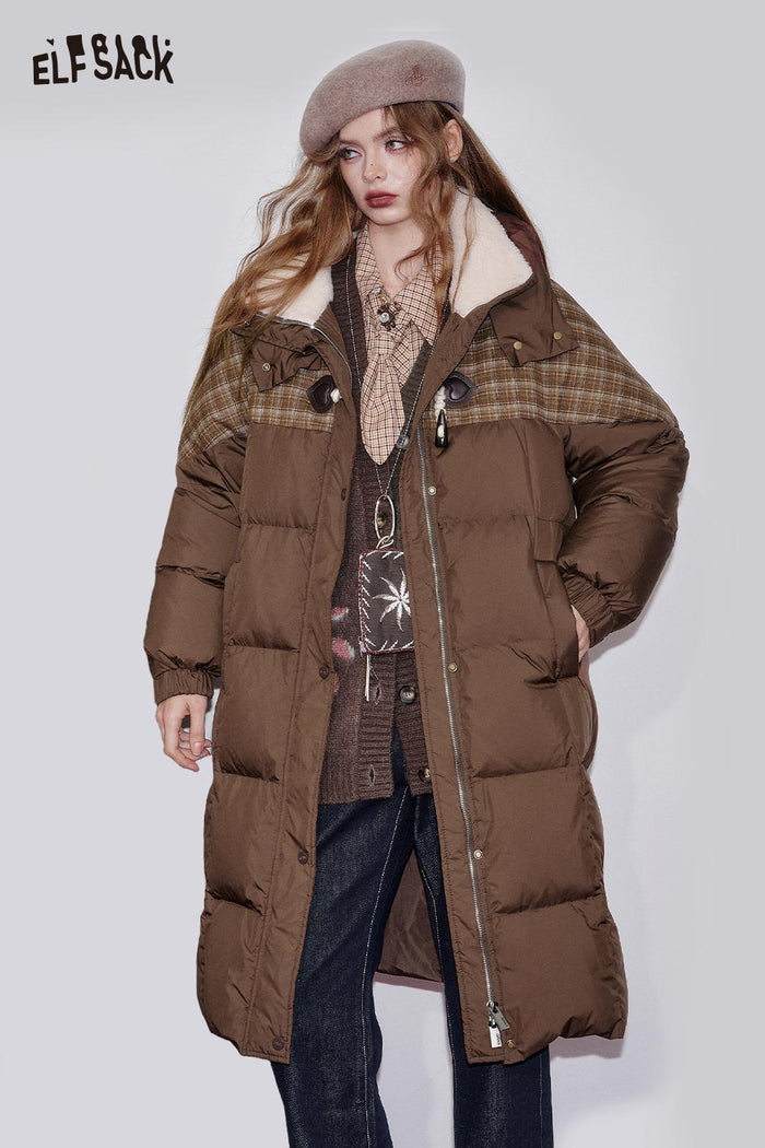ELFSACK Nylon Blend Knit Panels Plush Collar Longline Puffer Coat