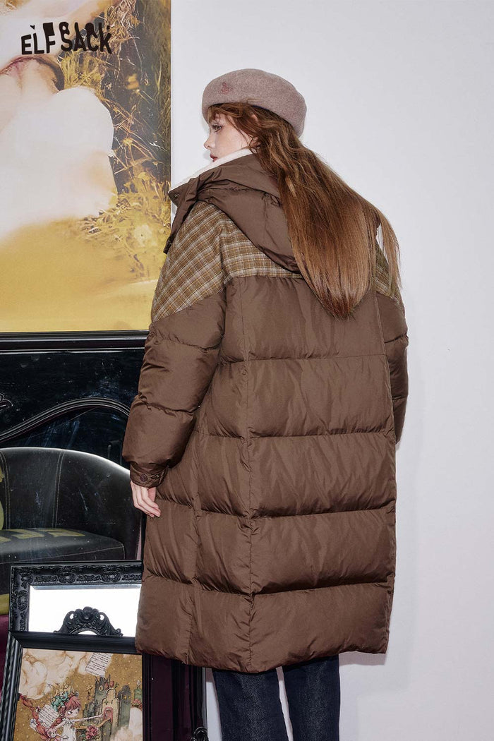 ELFSACK Nylon Blend Knit Panels Plush Collar Longline Puffer Coat