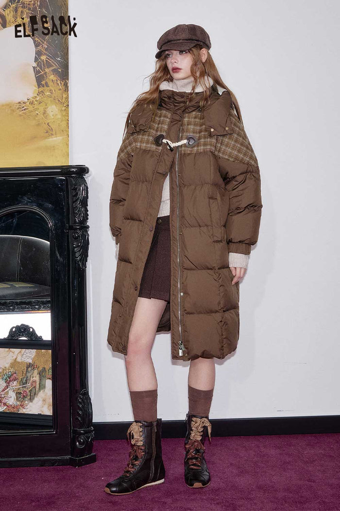ELFSACK Nylon Blend Knit Panels Plush Collar Longline Puffer Coat