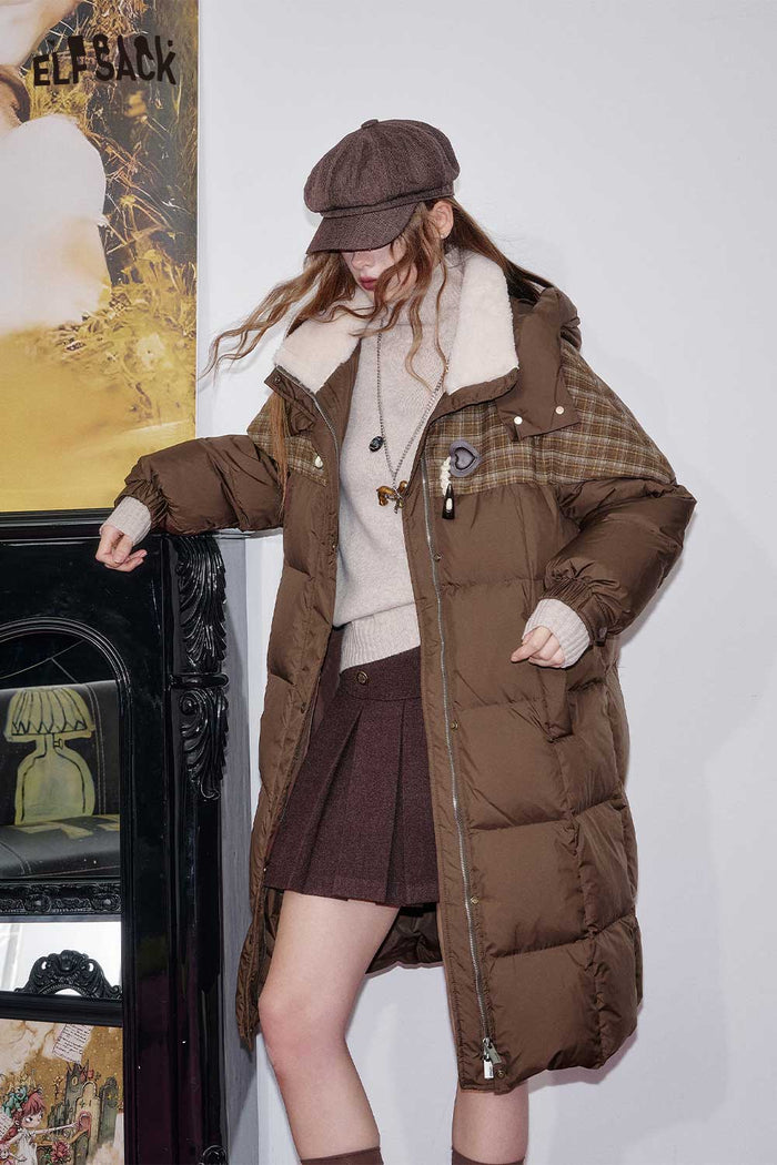 ELFSACK Nylon Blend Knit Panels Plush Collar Longline Puffer Coat