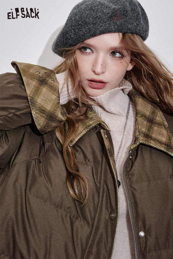 ELFSACK Nylon Fabric Oversized Plaid Panel Design Quilted Down Jacket