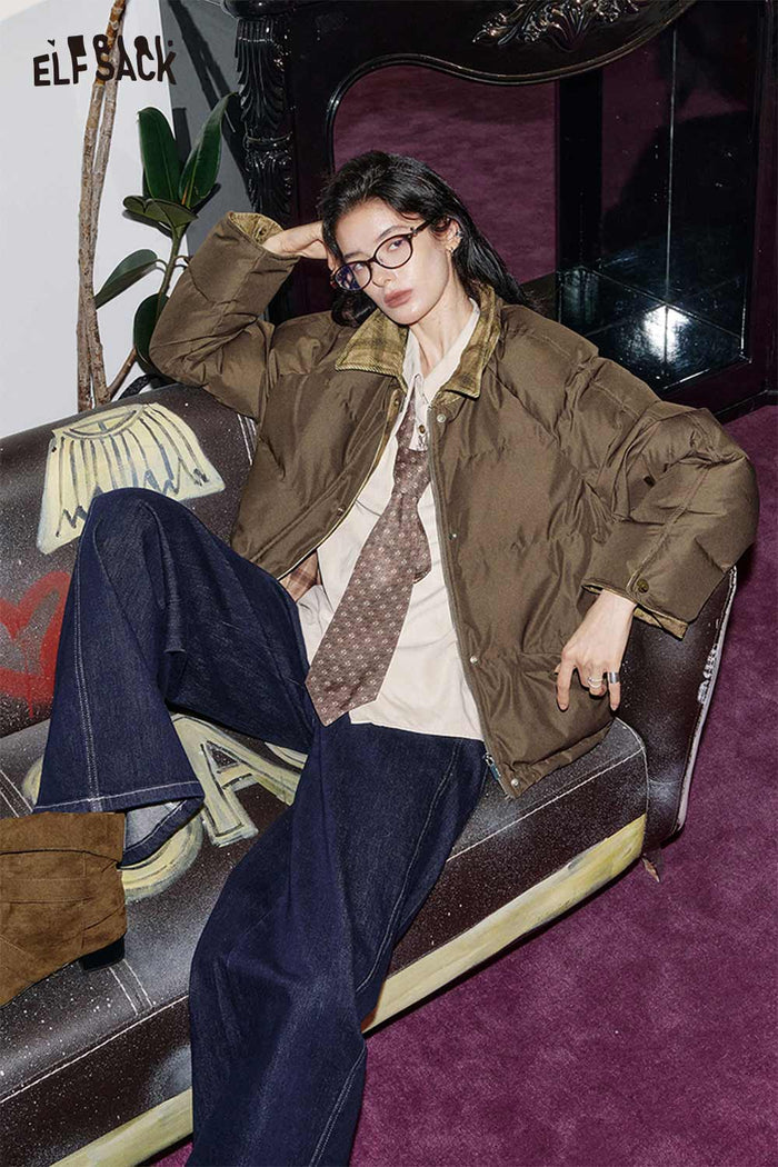 ELFSACK Nylon Fabric Oversized Plaid Panel Design Quilted Down Jacket