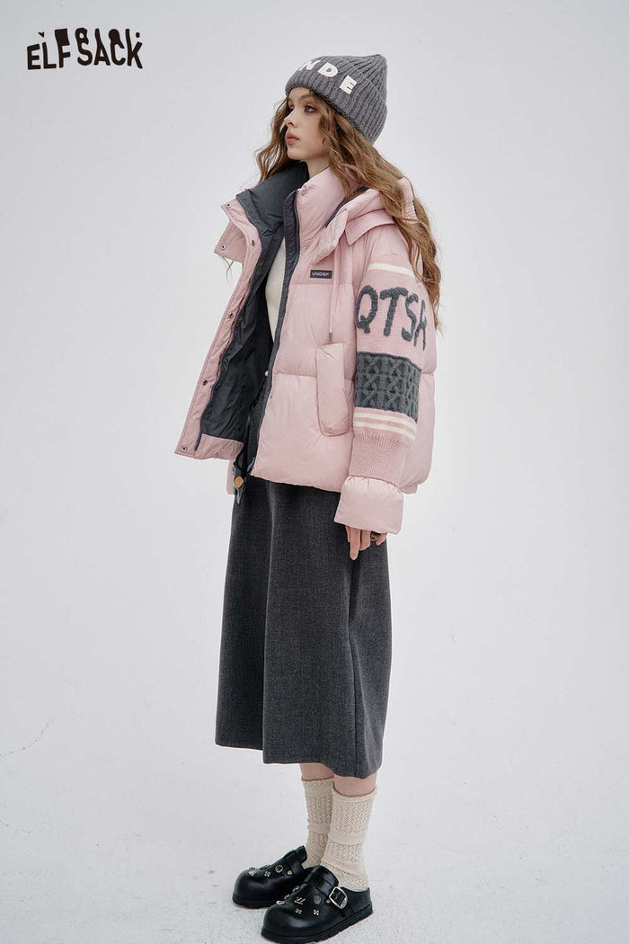 ELFSACK Nylon Layered Collar Knitted Patchwork Sleeves Mid Length Down Jacket