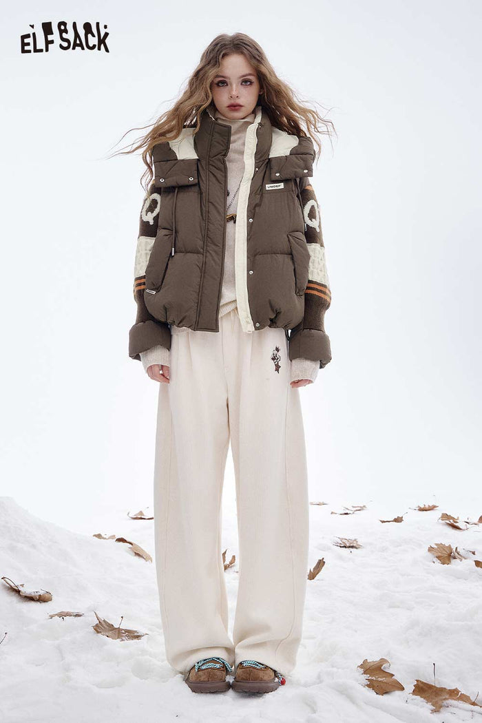ELFSACK Nylon Layered Collar Knitted Patchwork Sleeves Mid Length Down Jacket