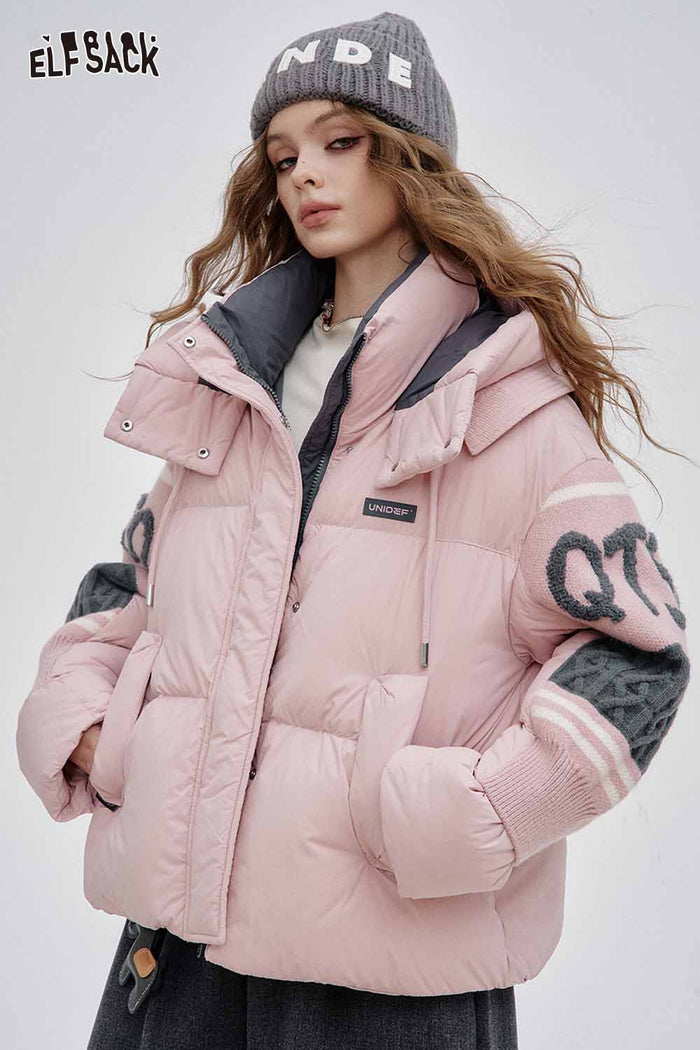 ELFSACK Nylon Layered Collar Knitted Patchwork Sleeves Mid Length Down Jacket