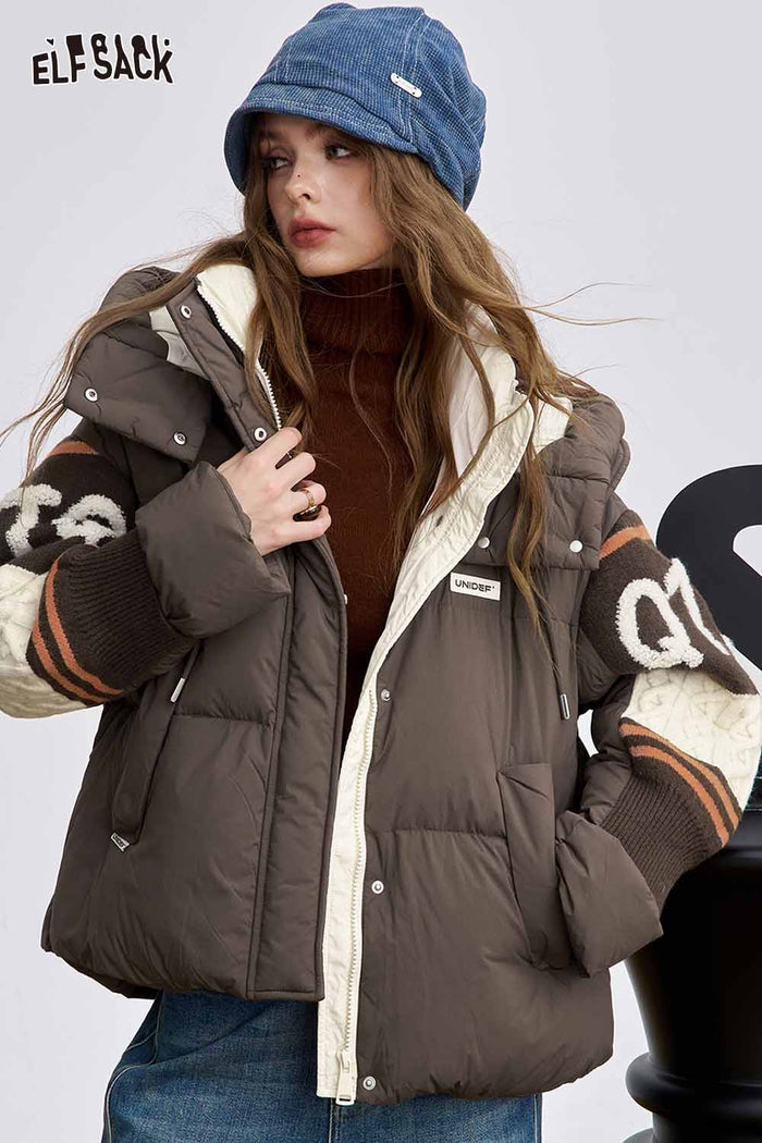 ELFSACK Nylon Layered Collar Knitted Patchwork Sleeves Mid Length Down Jacket