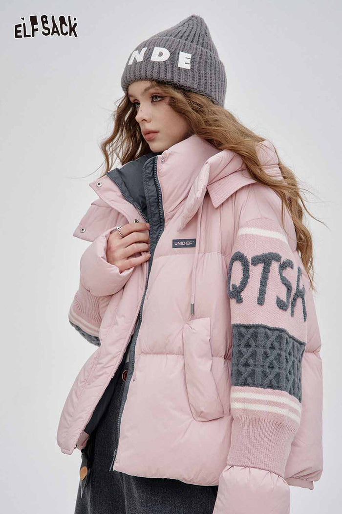 ELFSACK Nylon Layered Collar Knitted Patchwork Sleeves Mid Length Down Jacket