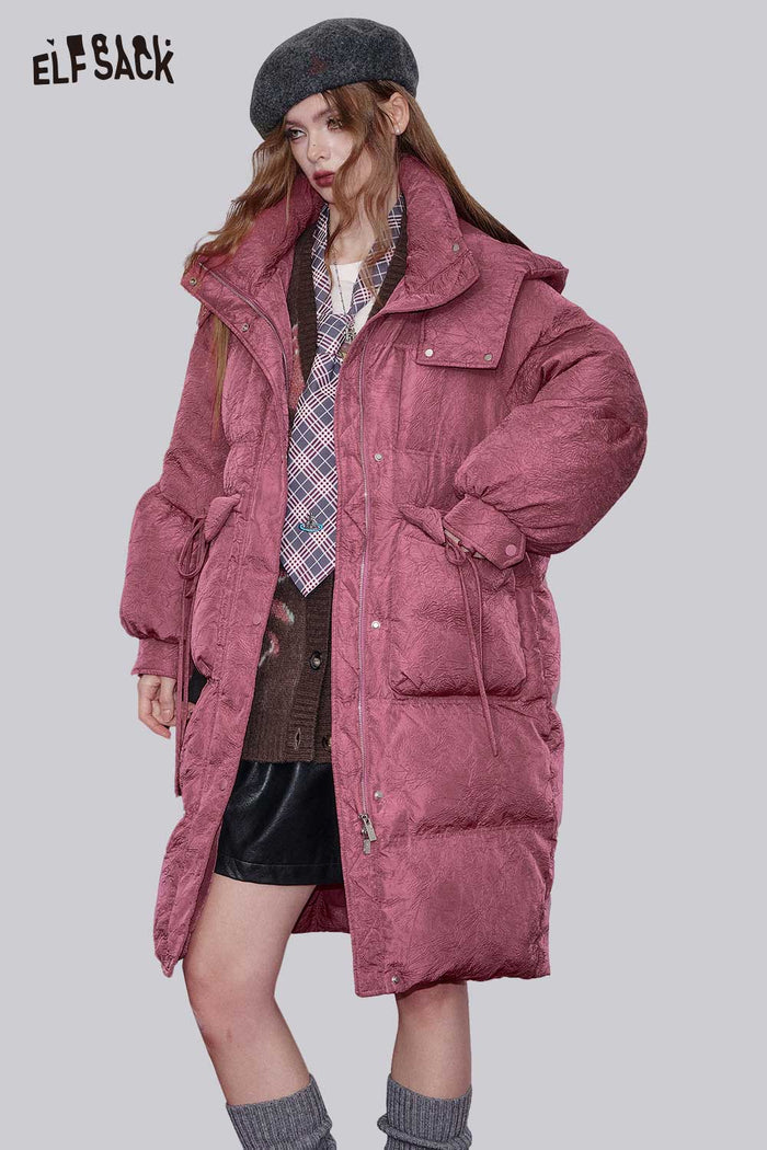 ELFSACK Nylon Long Hooded Silhouette Pleated Detail Puffer Coat