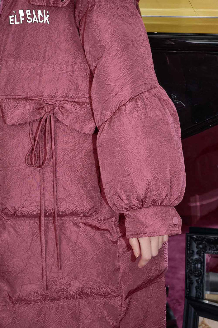 ELFSACK Nylon Long Hooded Silhouette Pleated Detail Puffer Coat