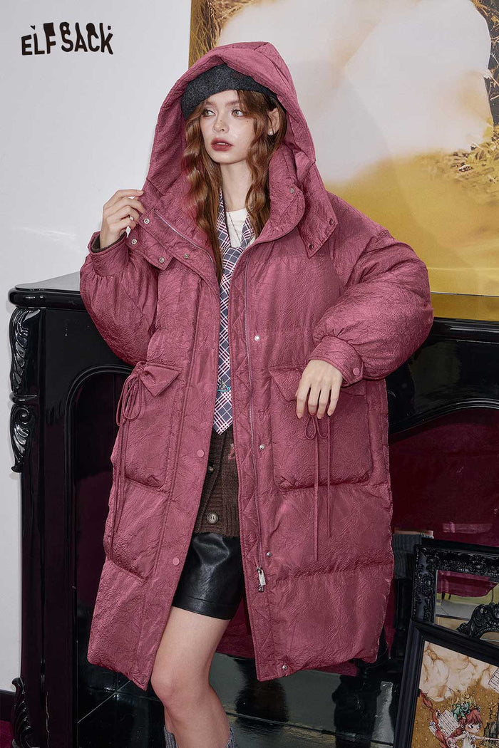 ELFSACK Nylon Long Hooded Silhouette Pleated Detail Puffer Coat
