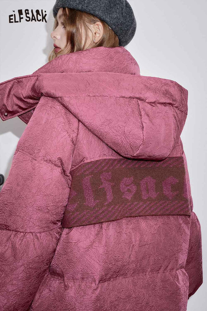 ELFSACK Nylon Long Hooded Silhouette Pleated Detail Puffer Coat