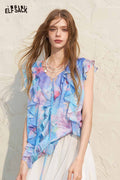 ELFSACK Ocean Theme Ruffle Sleeveless Chiffon Blouse
