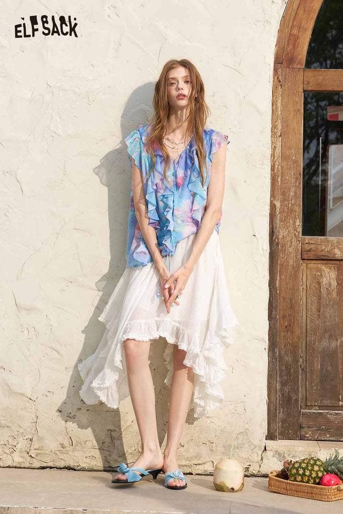 ELFSACK Ocean Theme Ruffle Sleeveless Chiffon Blouse