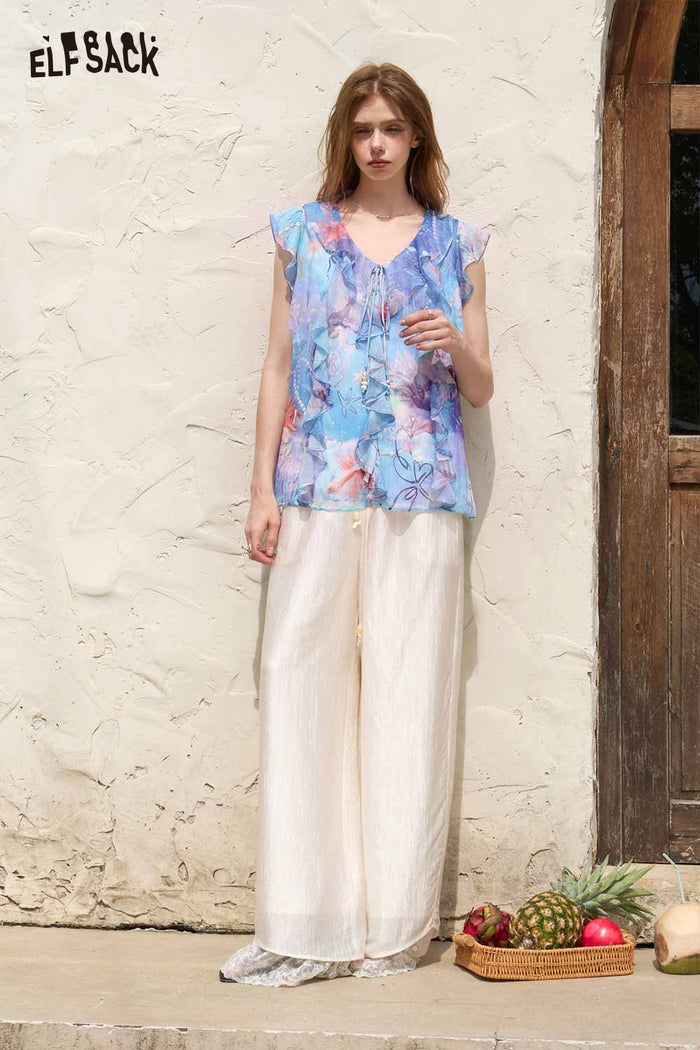 ELFSACK Ocean Theme Ruffle Sleeveless Chiffon Blouse