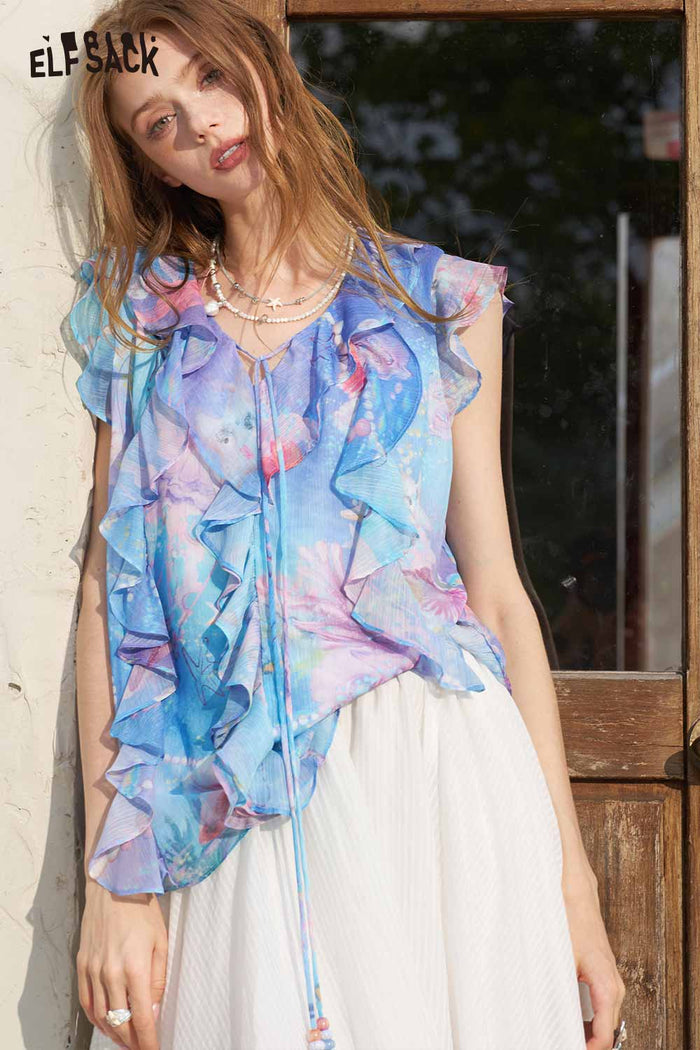 ELFSACK Ocean Theme Ruffle Sleeveless Chiffon Blouse