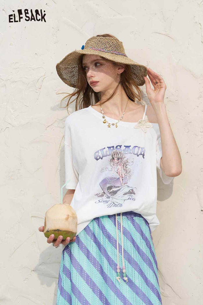 ELFSACK Off Shoulder Graphic Tee Striped Skirt Set