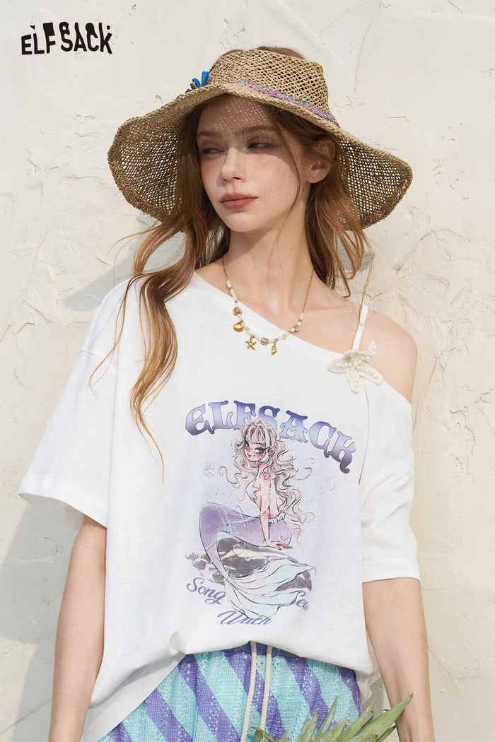 ELFSACK Off Shoulder Graphic Tee Striped Skirt Set