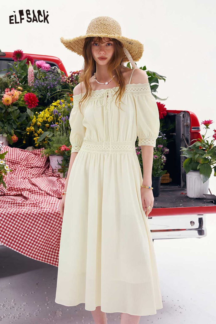 ELFSACK Off-Shoulder Lace Trim Smocked Waist Dress