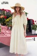 ELFSACK Off-Shoulder Lace Trim Smocked Waist Dress