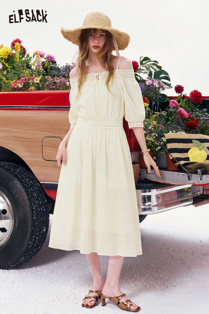 ELFSACK Off-Shoulder Lace Trim Smocked Waist Dress