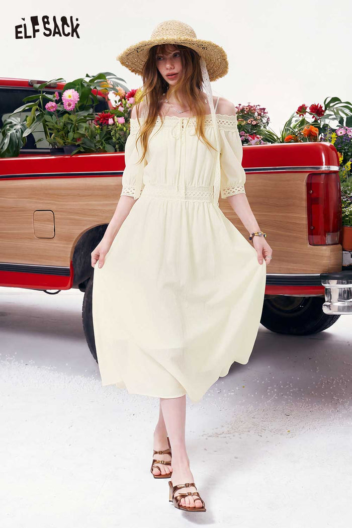 ELFSACK Off-Shoulder Lace Trim Smocked Waist Dress