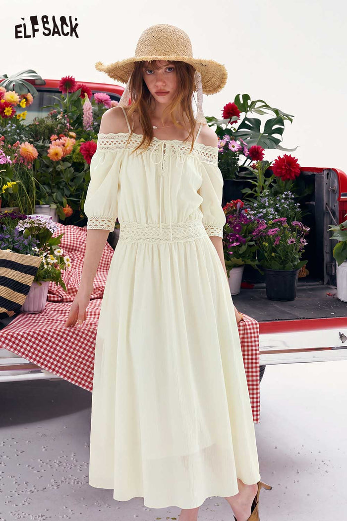 ELFSACK Off-Shoulder Lace Trim Smocked Waist Dress