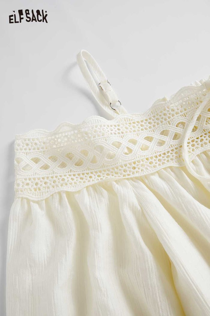 ELFSACK Off-Shoulder Lace Trim Smocked Waist Dress