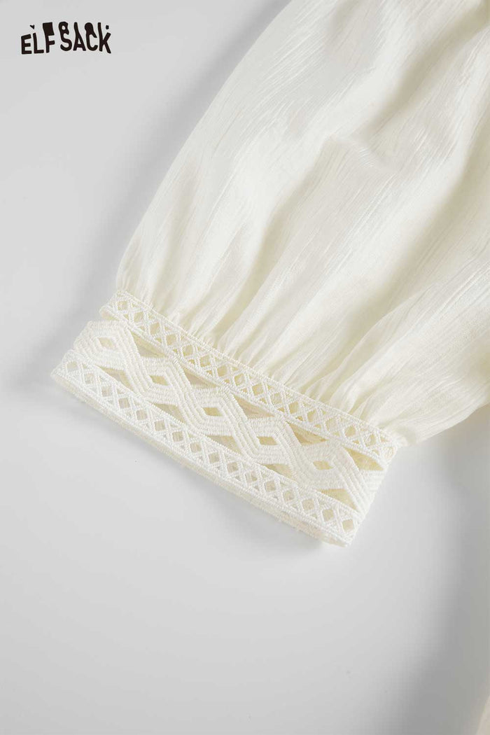 ELFSACK Off-Shoulder Lace Trim Smocked Waist Dress