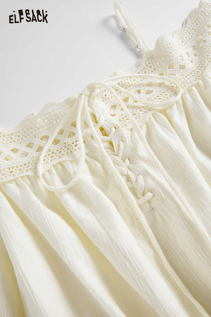 ELFSACK Off-Shoulder Lace Trim Smocked Waist Dress