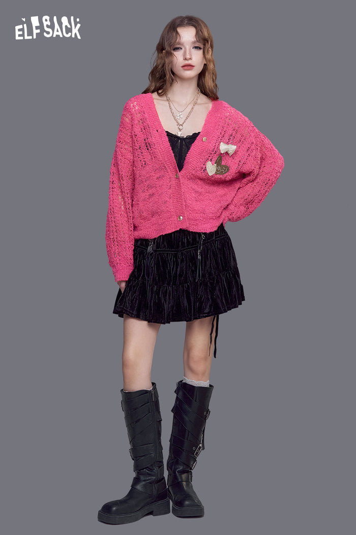ELFSACK Open Knit Cardigan with Dimensional Bow Accents and Lace Detailing