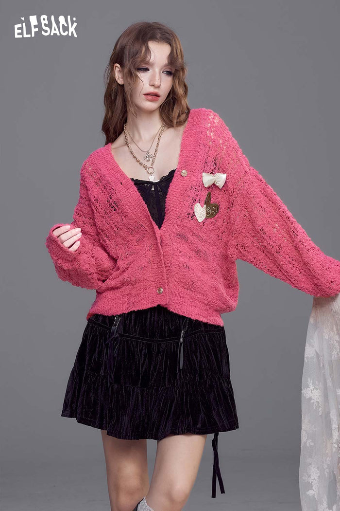 ELFSACK Open Knit Cardigan with Dimensional Bow Accents and Lace Detailing