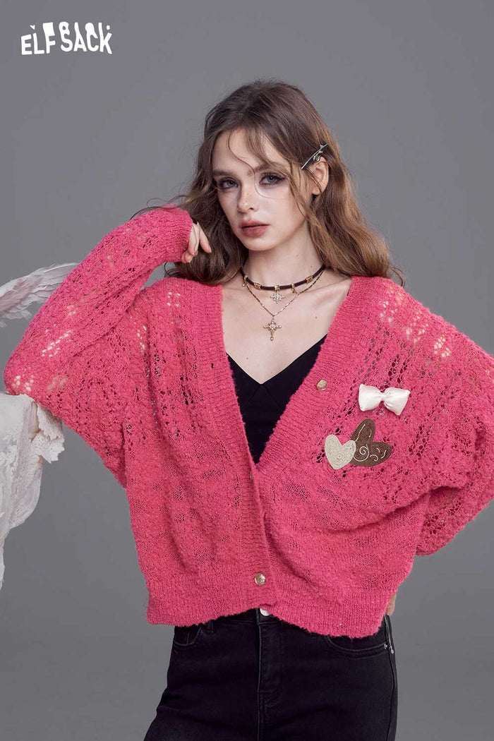 ELFSACK Open Knit Cardigan with Dimensional Bow Accents and Lace Detailing