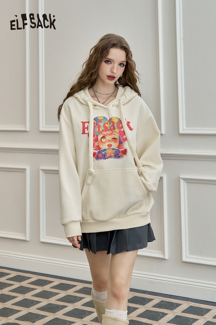 ELFSACK Original cartoon print retro hooded sweatshirt