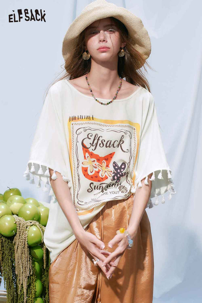 ELFSACK Oversized Cat Floral Print Tee