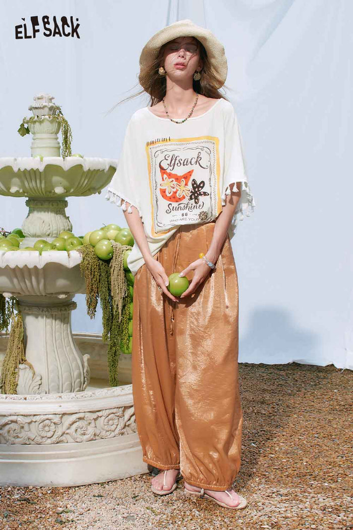 ELFSACK Oversized Cat Floral Print Tee
