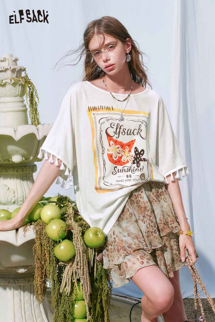 ELFSACK Oversized Cat Floral Print Tee