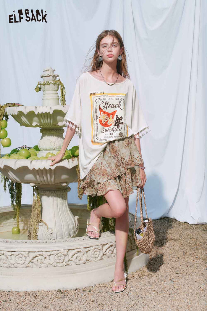 ELFSACK Oversized Cat Floral Print Tee