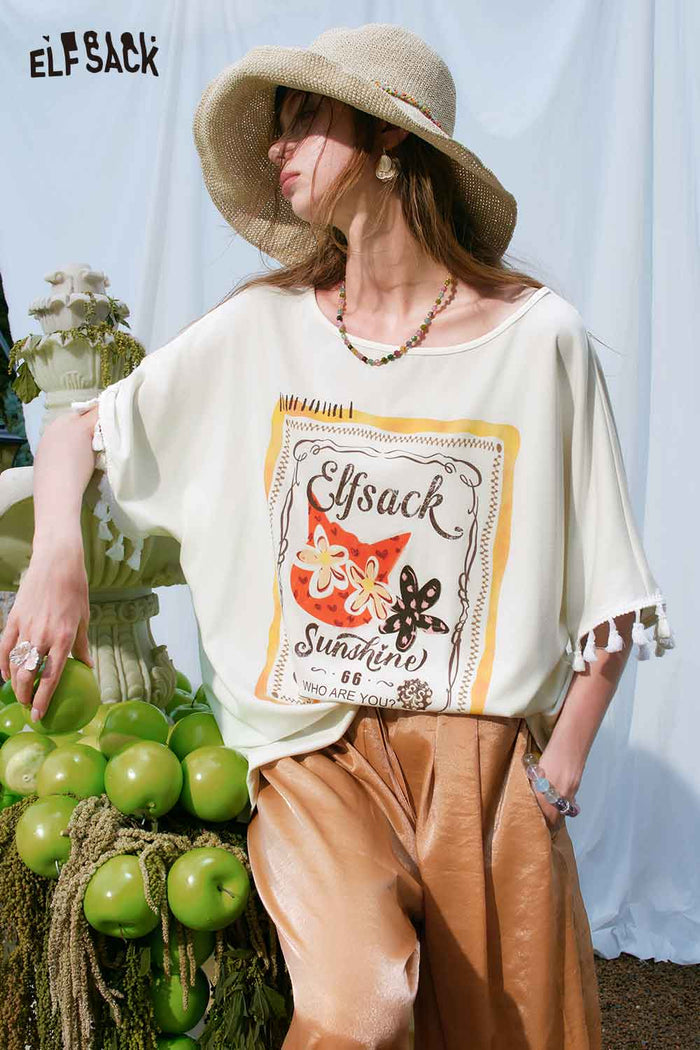 ELFSACK Oversized Cat Floral Print Tee