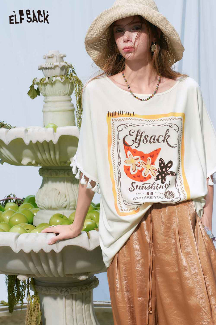 ELFSACK Oversized Cat Floral Print Tee