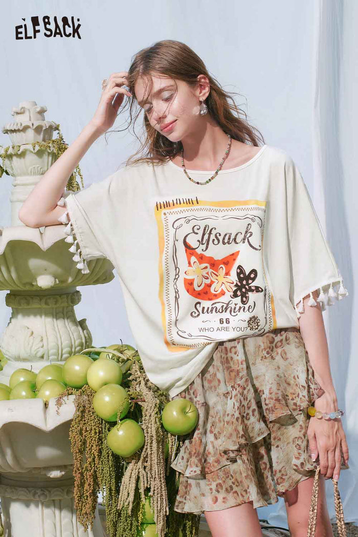ELFSACK Oversized Cat Floral Print Tee
