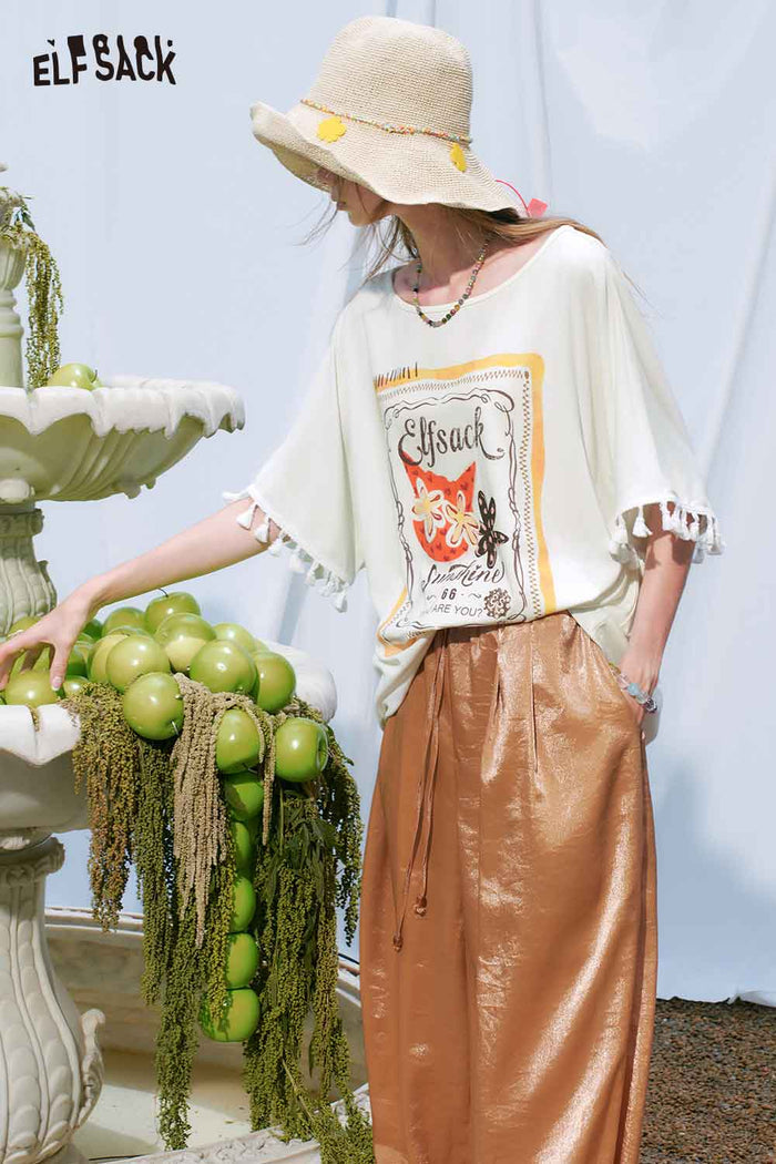 ELFSACK Oversized Cat Floral Print Tee