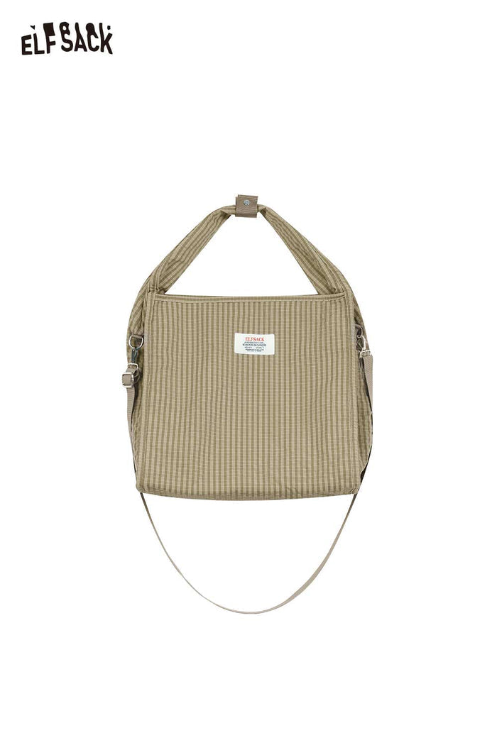 ELFSACK Oversized Checkered Shoulder Bag Structured Nylon Tote with Adjustable Strap for Daily Use
