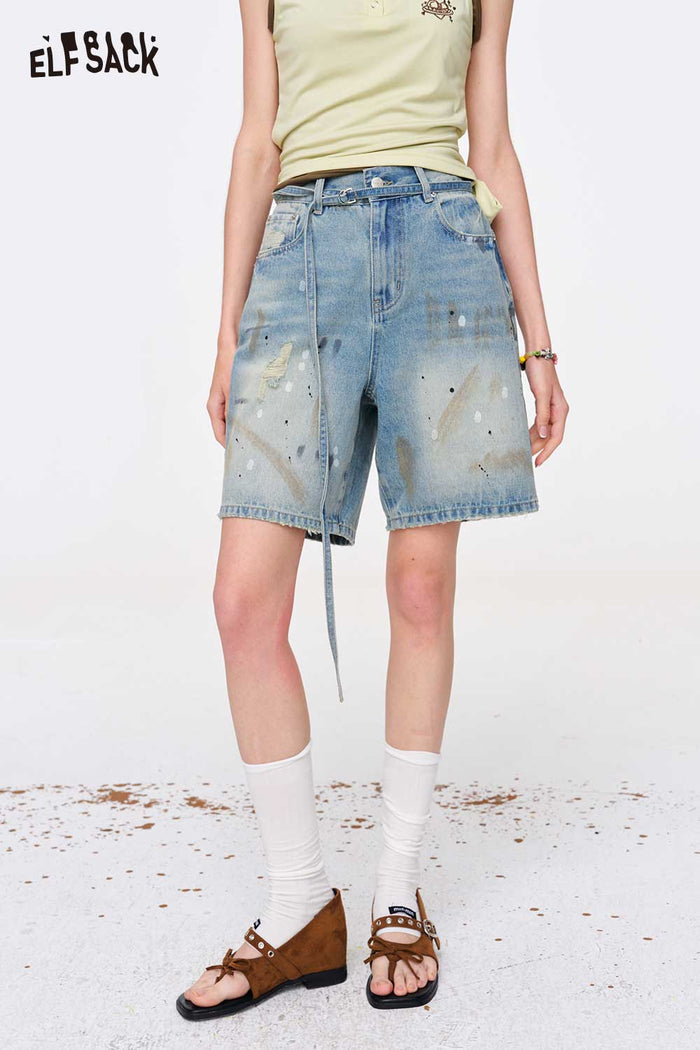 ELFSACK Paint Splatter Washed Denim Shorts