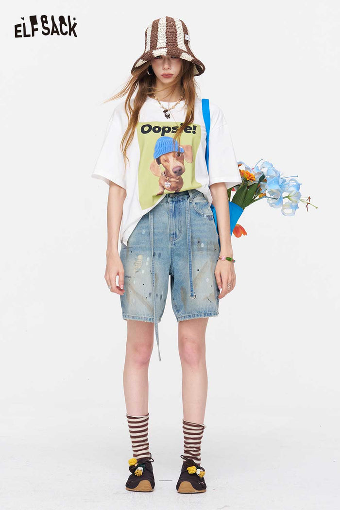 ELFSACK Paint Splatter Washed Denim Shorts
